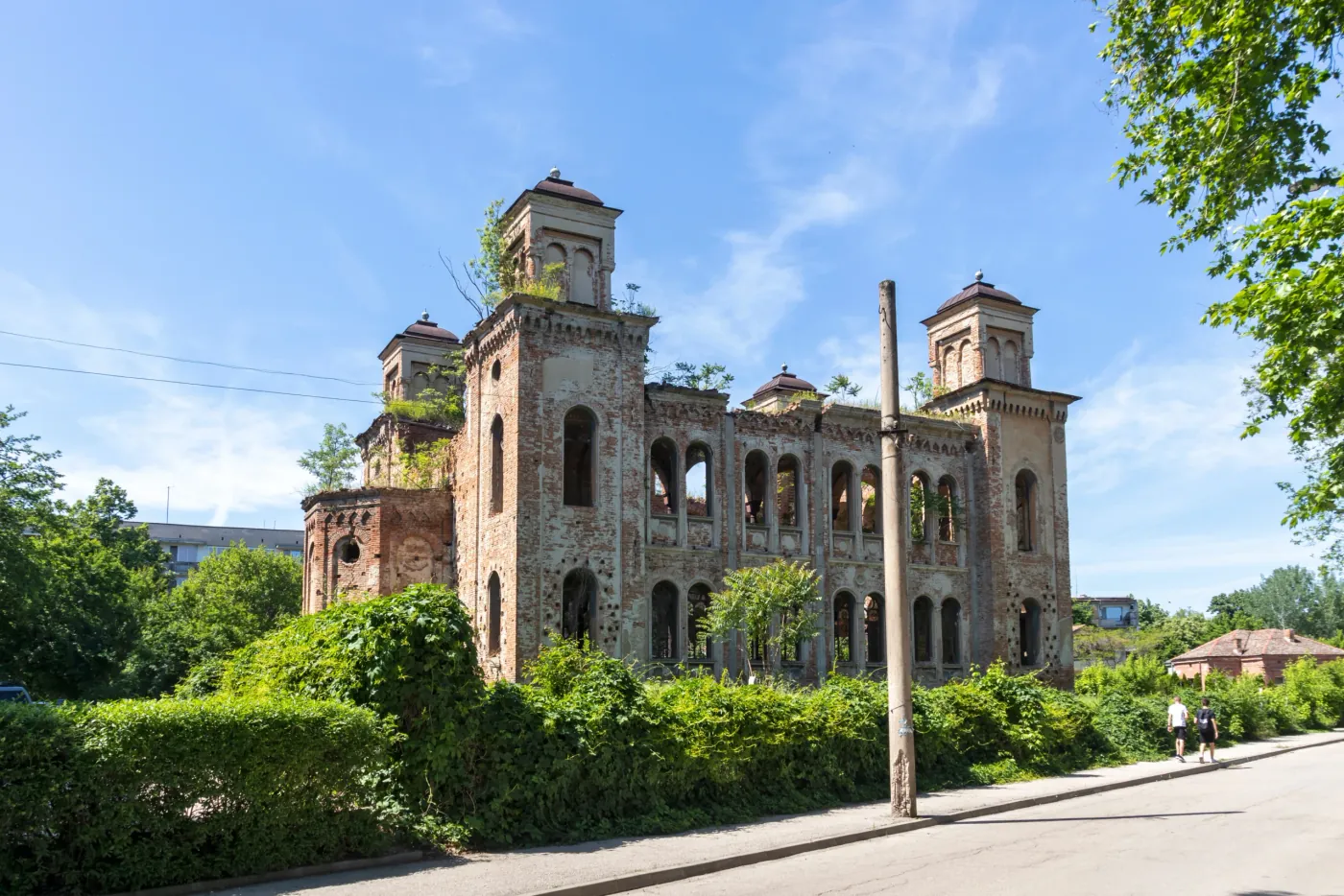 Ruiny staré židovské synagogy ve Vidinu, Bulharsko, obrostlé vegetací, pod modrou oblohou