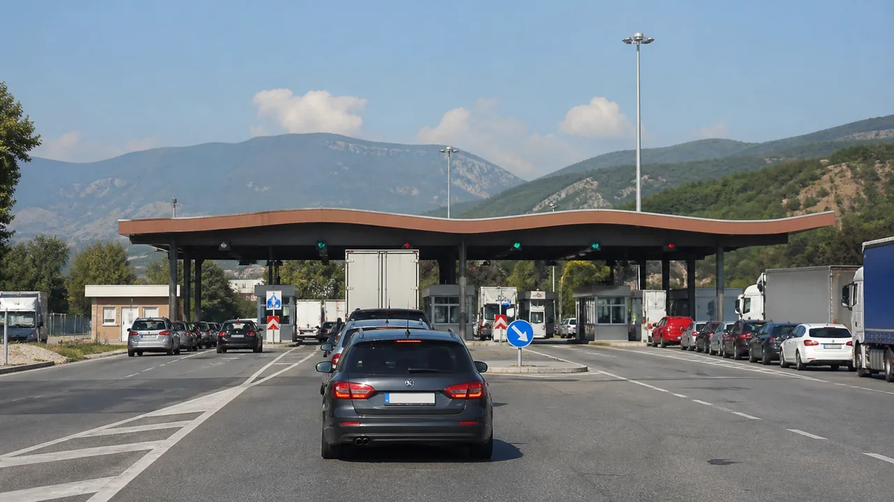 Auta čekající u moderního hraničního přechodu mezi Bulharskem a Tureckem během letní cesty